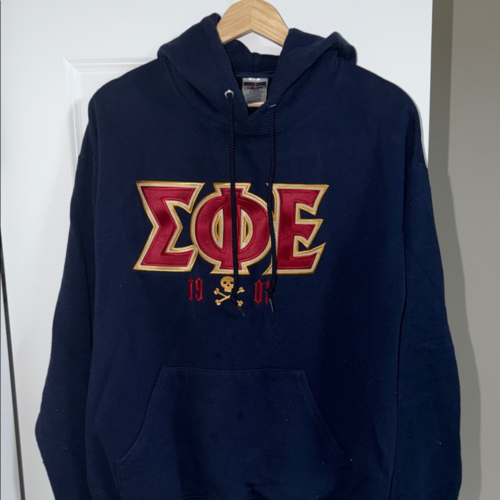 Jerzees Navy Crewneck Hoodie with Red & Gold Greek Letters